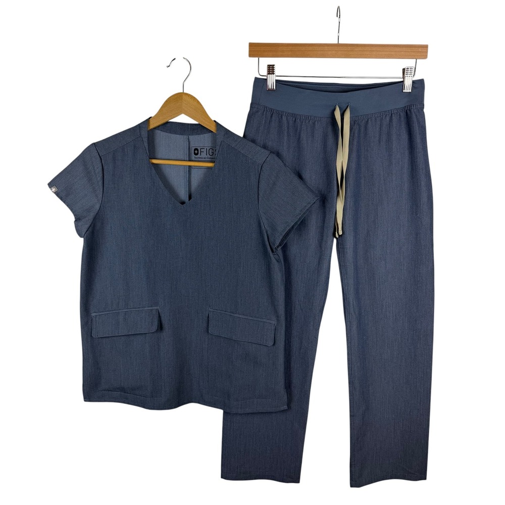 Figs Technical Scrub Set XXSP Heather Denim Dolores Top Livingston Pants Medical